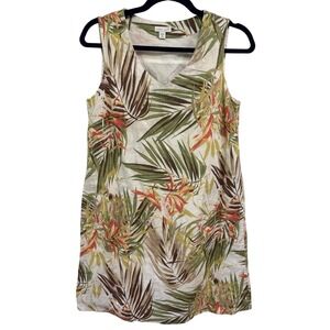 J Jill Love Linen Tropical Leaf Print V Neck Sleeveless Shift Dress XS Petite